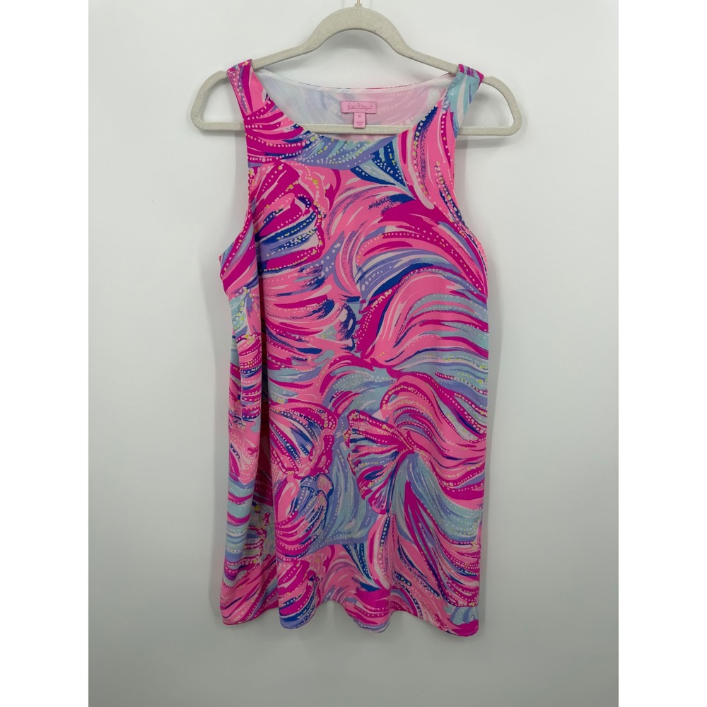 Lilly Pulitzer Jackie 23198 Silk Shift Dress sz M Pink Blue Abstract Shell Print